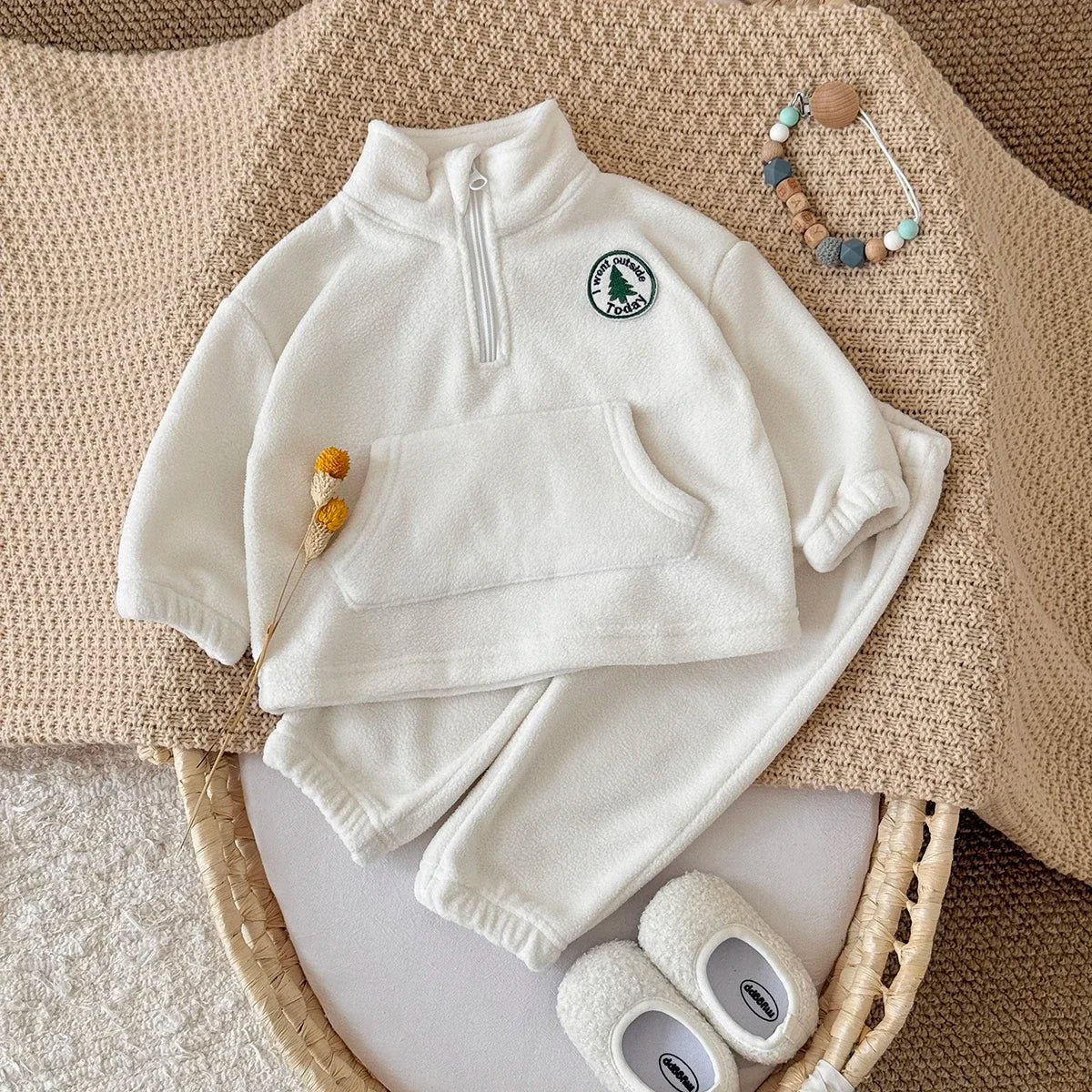 Autumn Winter Thermal Suit Baby Boys Girls Sets Polar Fleece High Neck Badge Pocket Pullover Solid Pants Kids Clothes