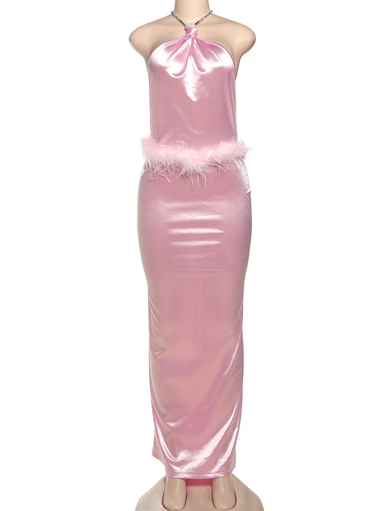 Nibber Drill Chain Plush Tassel Maxi Dress Women Halter Slit Backless Sleeveless Smooth Skinny Coquette Midnight Sexy Vestidos