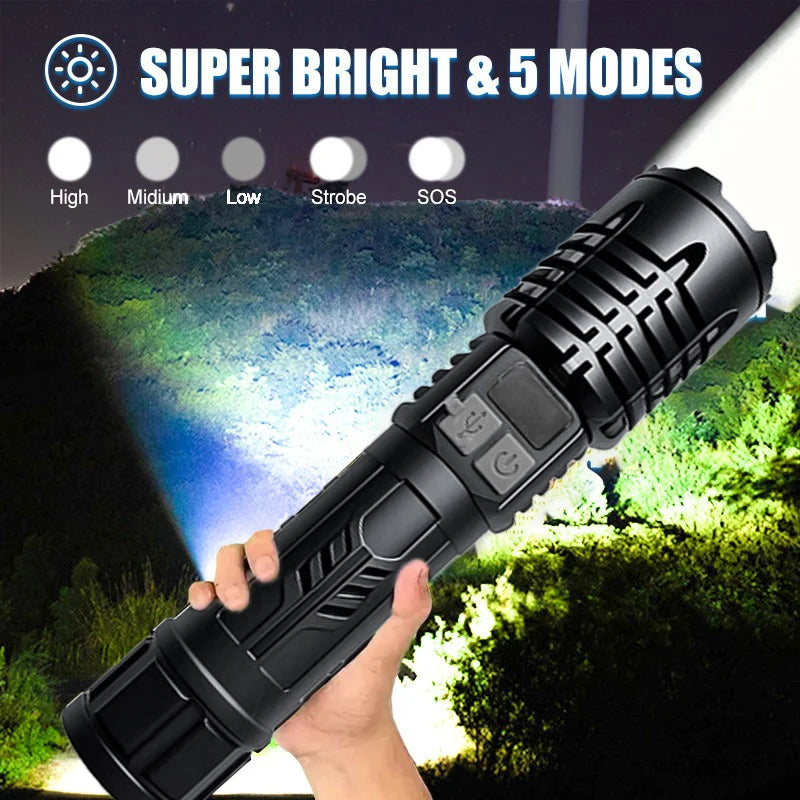 High Lumen Waterproof Tactical Flashlight - 5 Modes, Rechargeable, High Brightness, Durable ABS for Outdoor, Camping, Emergency