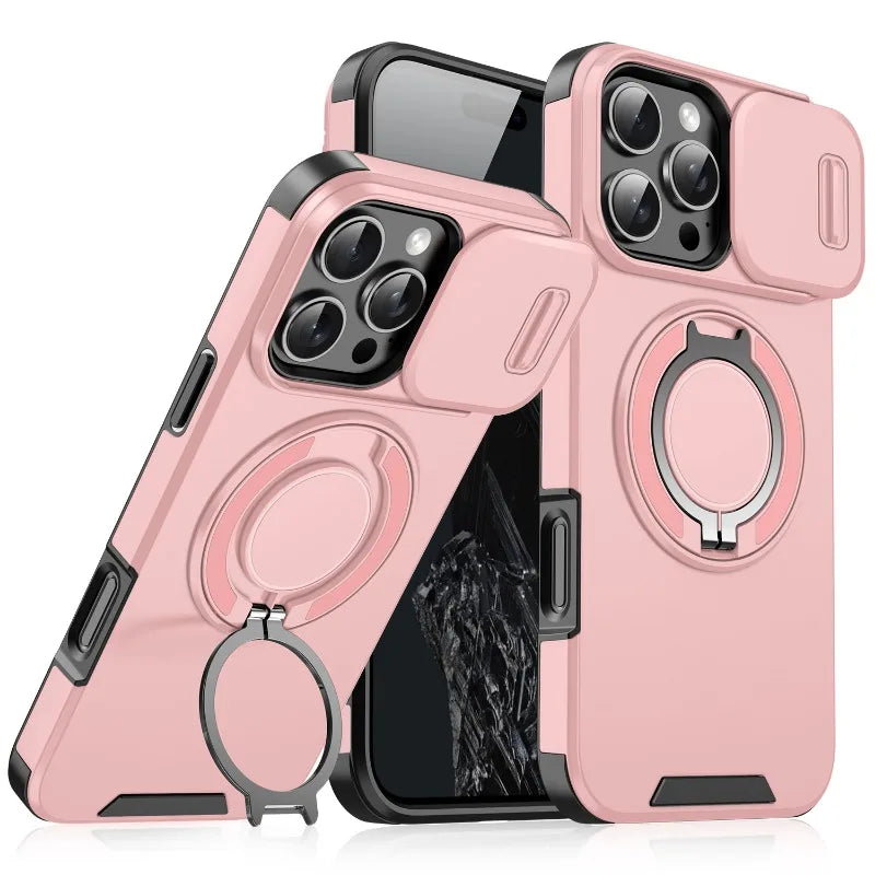 Luxury Heavy Duty Rugged Armor Magnetic Bracket Case For iPhone 16 15 14 13 12 11 Pro Max Plus Slide Camera Protection PC Cover