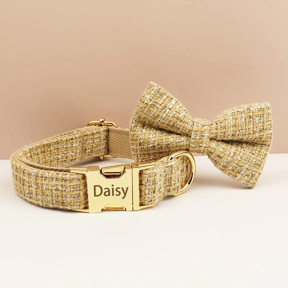 Light Khaki Dog Collar Harness And Leash Set with Custom Engraved Nameplate Personalized Pet Supplies for Dogs