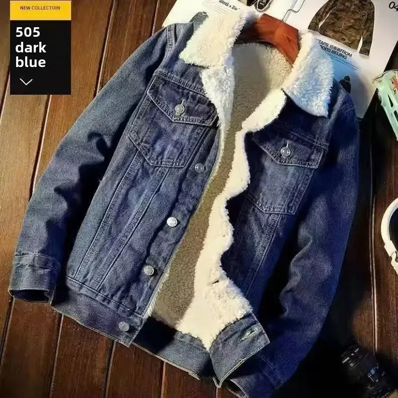 Men's Vintage Denim Jacket American Style Loose-Fit Cotton Coat With Fleece Lining And Thickened Cotton Pad For Autumn/Winter