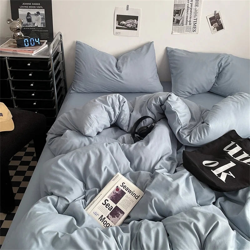 100% Cotton Bed Linen Bedding Set Washed Cotton Four Pieces Bed Sheet Set Comforter Sets Dolid Double Couple Bed Quilt Cover