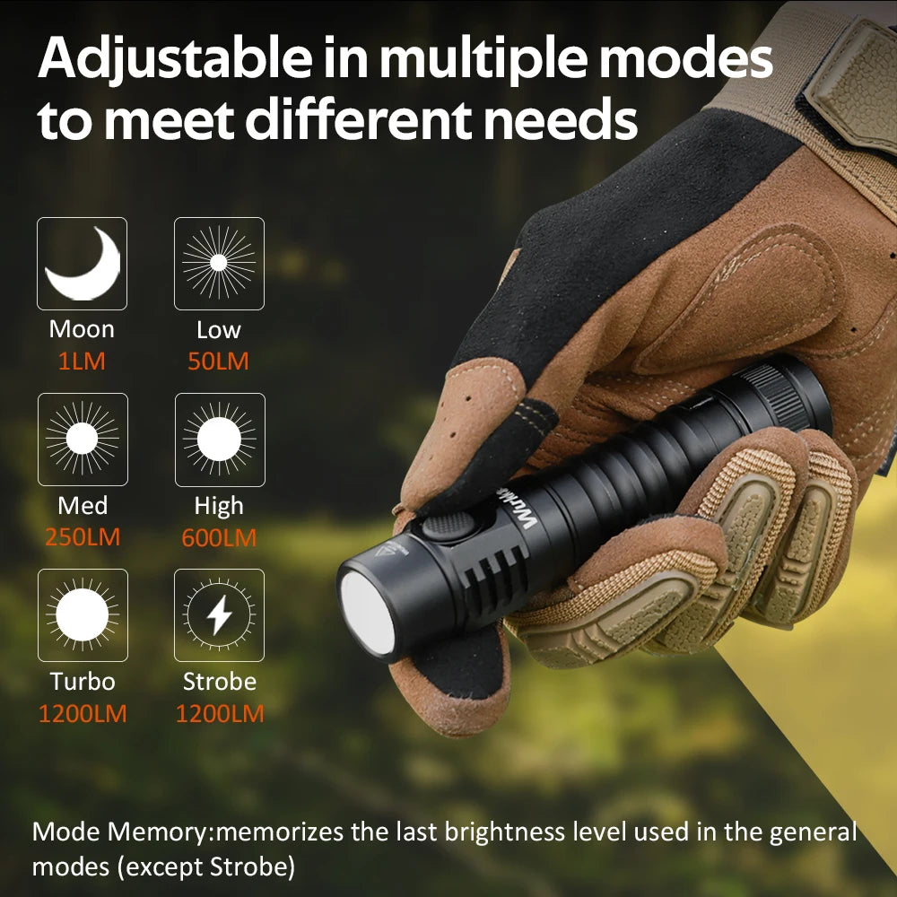Wurkkos FC11C 519A USB-C Rechargeable EDC 18650 Flashlight Max Output 1200 LM IP68 Waterproof Magnetic Tail Hiking Travel Torch
