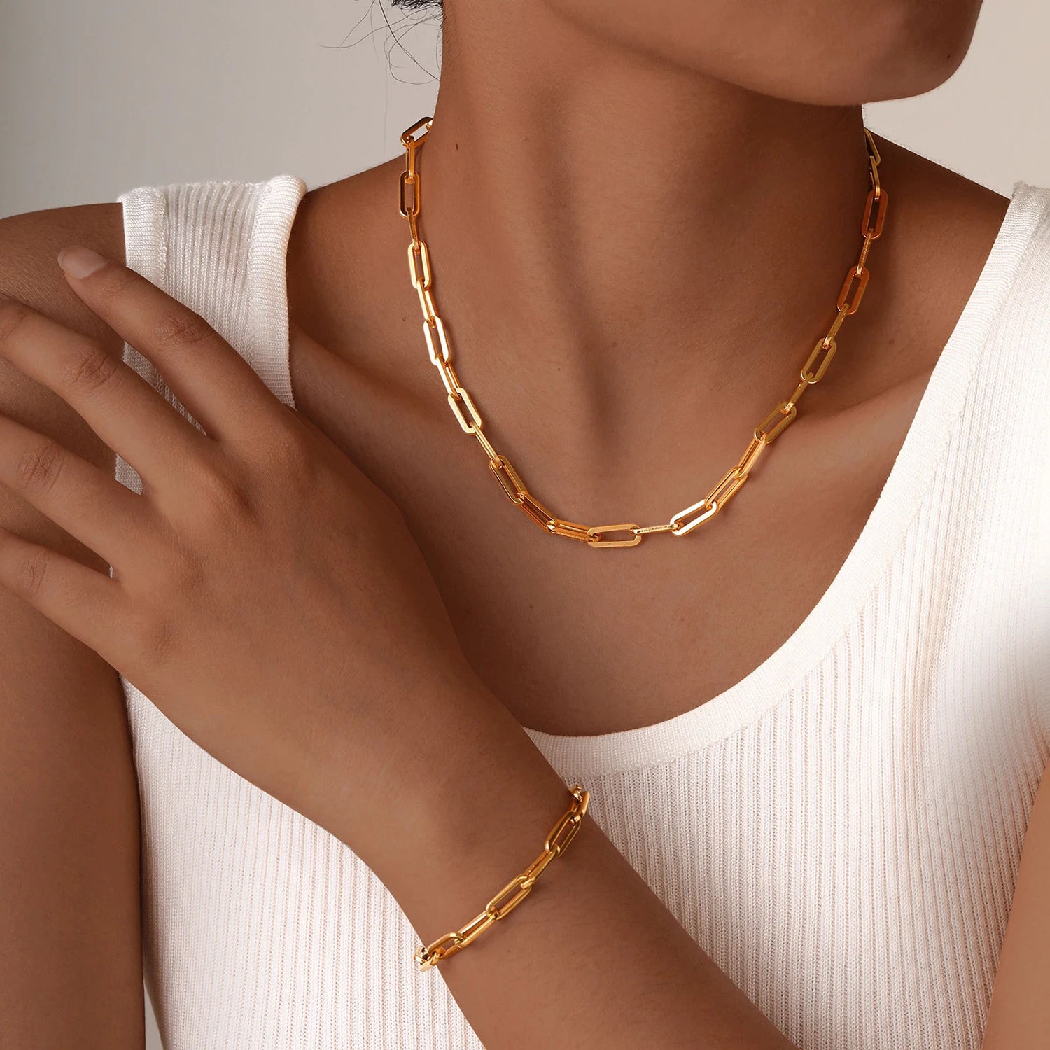 Minimalist Gold Color Chain Necklace for Women Waterproof Stainless Steel Chunky Paperclip Bracelet Hip Rock Jewelry Gift