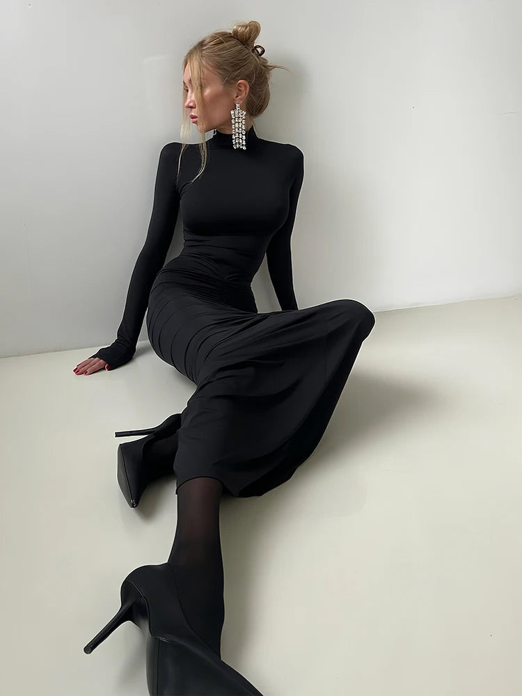 Sisterlinda Autumn New Style Long Dress Woman Turtleneck Full Sleeve Skinny High Stretch Daily Casual Fashion Elegant Vestidos