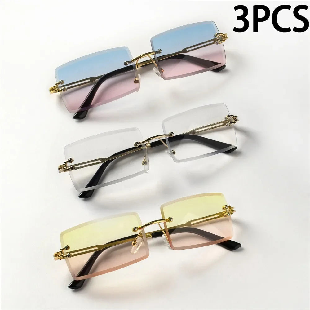 3PCS Fashion Rimless Sunglasses Women Trendy Small Rectangle Sun Glasses  Summer Traveling Style Brown Shades for men
