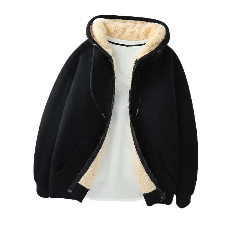 C.New S Winter Lambswool Coats Warm Thicken Jackets Long Sleeve Zipper Hoodies Casual Fleece Black Coat Hooded Men Women Jacket