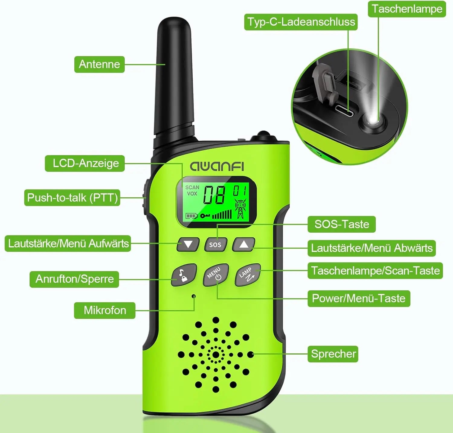 AWANFI Walkie Talkie Children, 3-12 Years, Walkie Talkie Rechargeable with Li-ion Battery, Radio Set, for Gift/Camping/Adventure