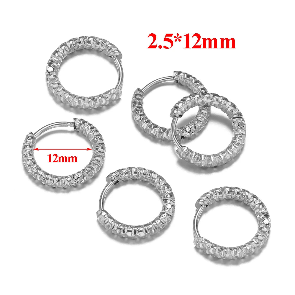 6pcs Stainless Steel Round Embossing Ear Rings PVD Gold Plated Korean Earrings Hoops Earring for Women Female Girls Metal Luxury