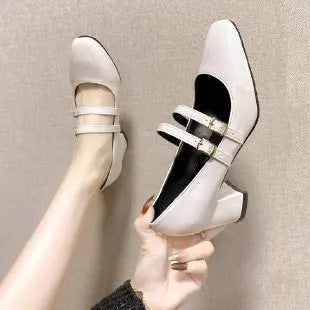 2024 Spring Autumn Women Double Buckle Mary Janes Patent Leather Dress Shoes High Heels Pumps Retro Ladies Shoe Black Red