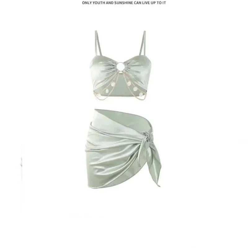 Light Green 3 Piece Swimsuit for Women,2024 New Solid Color Chain Bikini Set,summer Beach Vacation Skirt Swimwear Bathing Suit