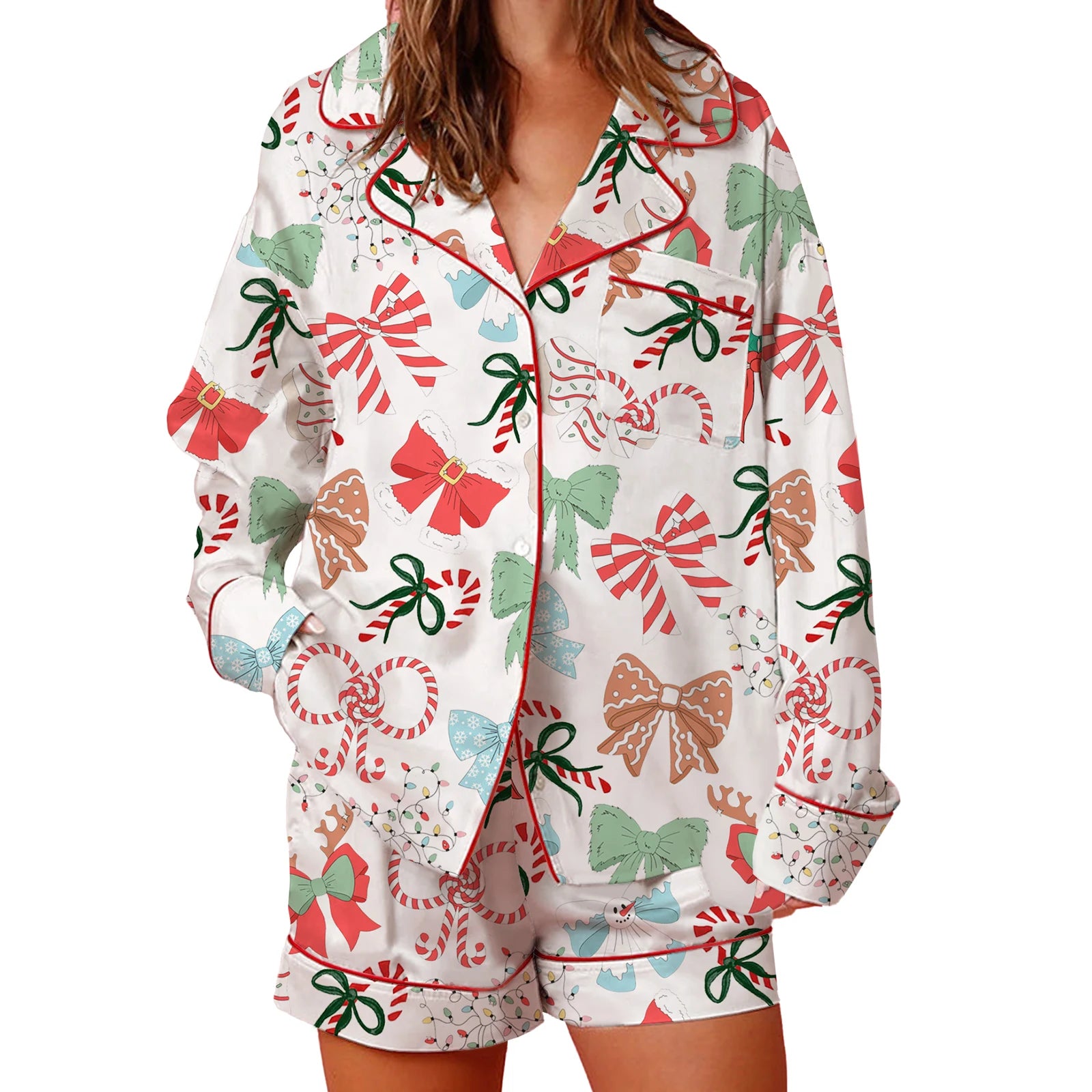 Women s Festive Holiday Pajama Set with Long Sleeve Lapel Shirt and Wide Leg Shorts in Christmas Print Sleepwear Collection