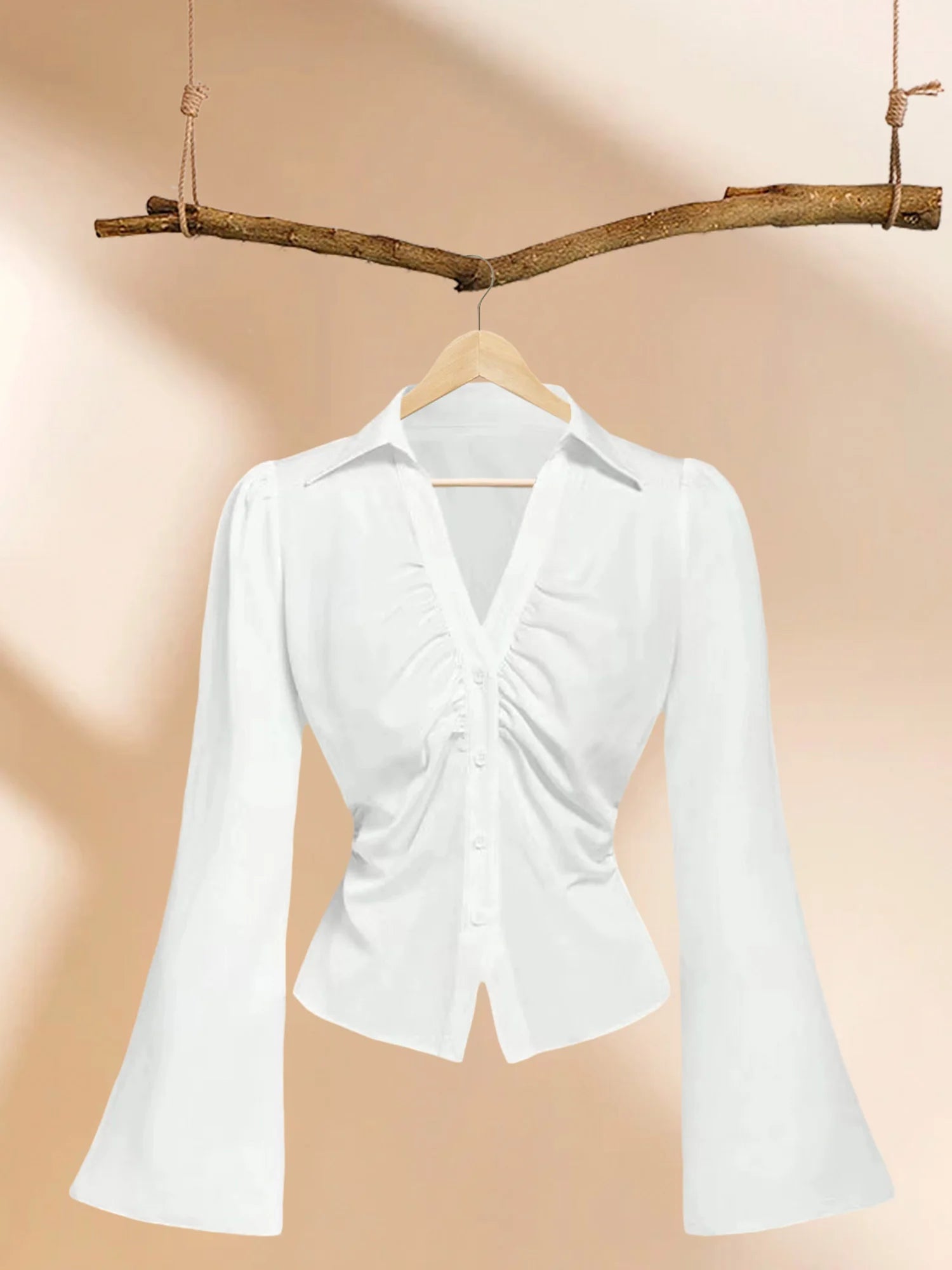 Women s Elegant Ruffle Sleeve Blouse Solid Color Lapel V-Neck Button Down Casual Shirt Spring Fall Fashion Tops