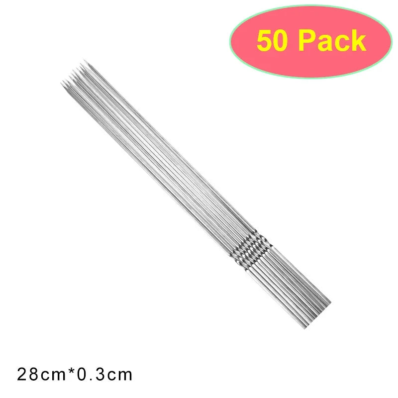 50Pcs Reusable Stainless Steel Barbecue Skewer with Wooden Handle BBQ Skewers Kebab Iron Stick for Outdoor Camping Picnic Tools