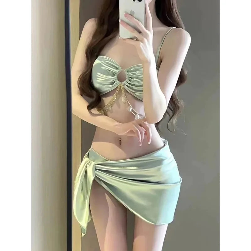 Light Green 3 Piece Swimsuit for Women,2024 New Solid Color Chain Bikini Set,summer Beach Vacation Skirt Swimwear Bathing Suit
