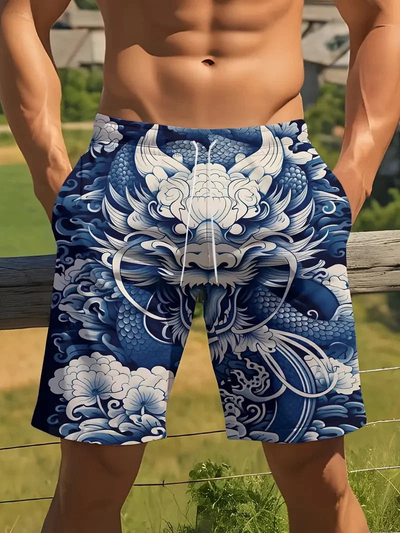 3D Dragon Print Beach Shorts Men's Plus Size Casual Swim Shorts New In Quick Dry Ice Board Short Hommes Streetwear