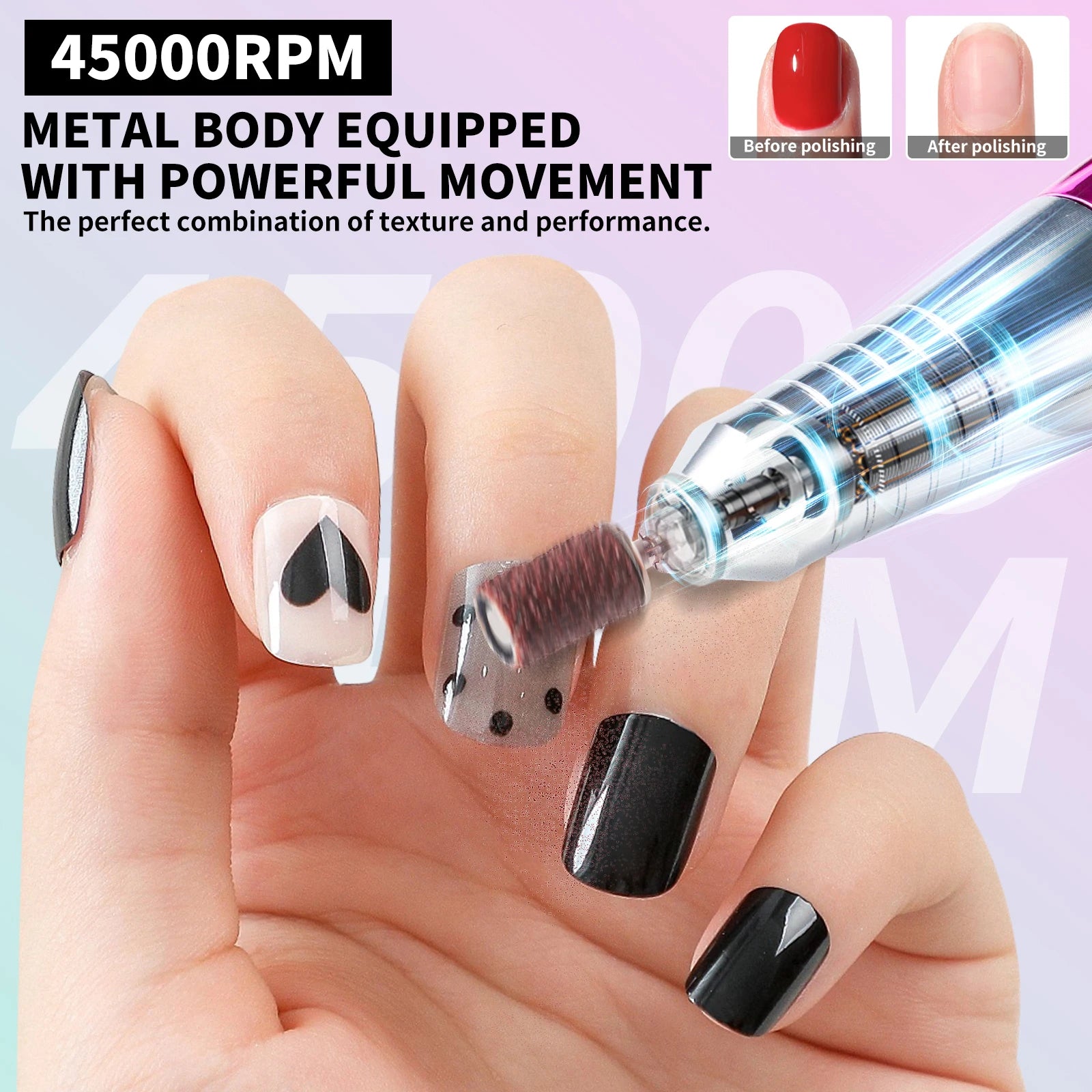 45000RPM Electric Nail Drill Professional Nail Polishing Machine Low Noise Nails Sander File Set For Manicure Salon/Home Tools