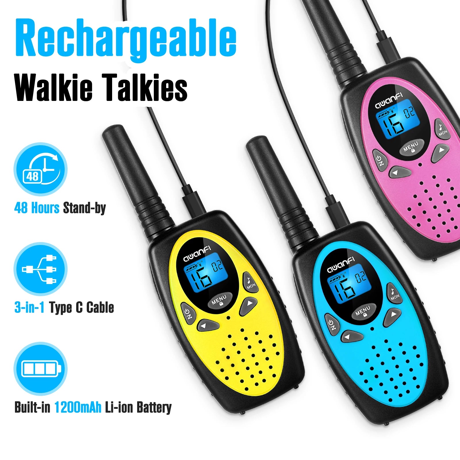 AWANFI Walkie Talkies Rechargeable 3 Pack for Kids Adults, 2 Way Radios with 1200 mAh Li-ion Battery, 22 Channels for Outdoor