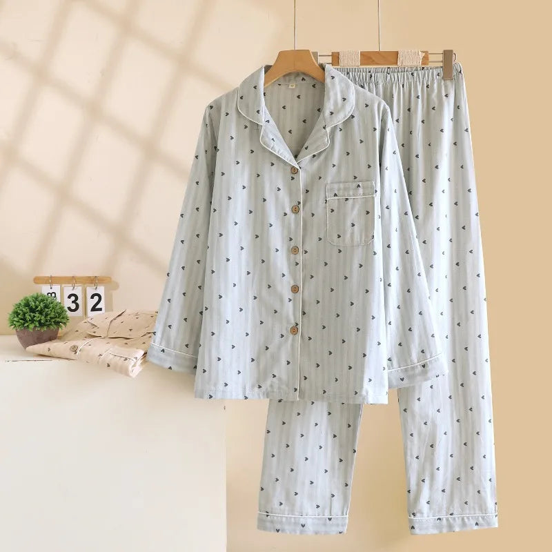 2025 Spring and Autumn Women's Pajama Set 100% Cotton Gauze Vertical Strip Love Long Sleeve Two piece Home Clothing Set