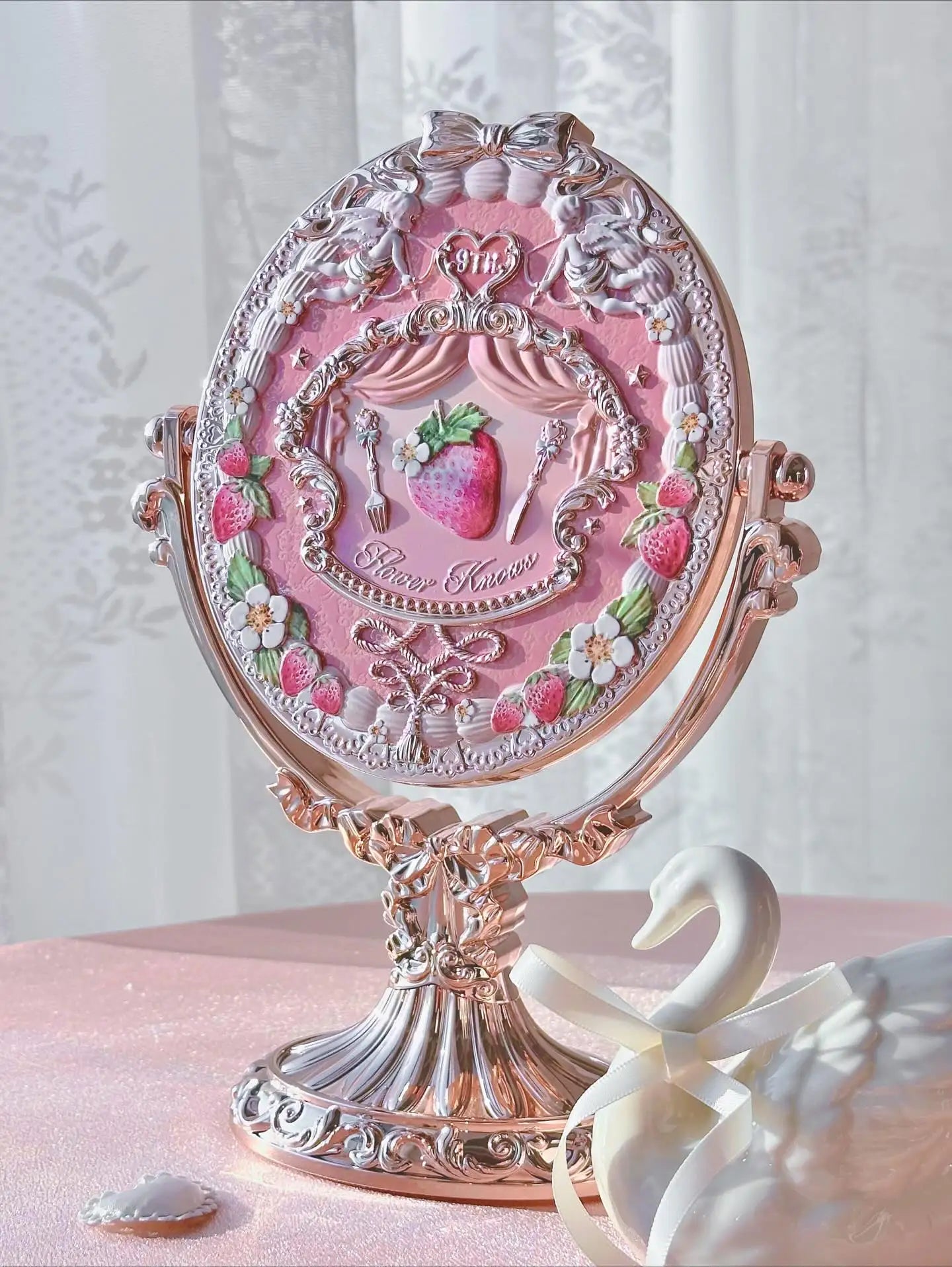 Flower Knows 9th Anniversary Limited Edition Luxury Vanity Mirror with Paddle Hair Brush And Brush Holder Set for Makeup Desk