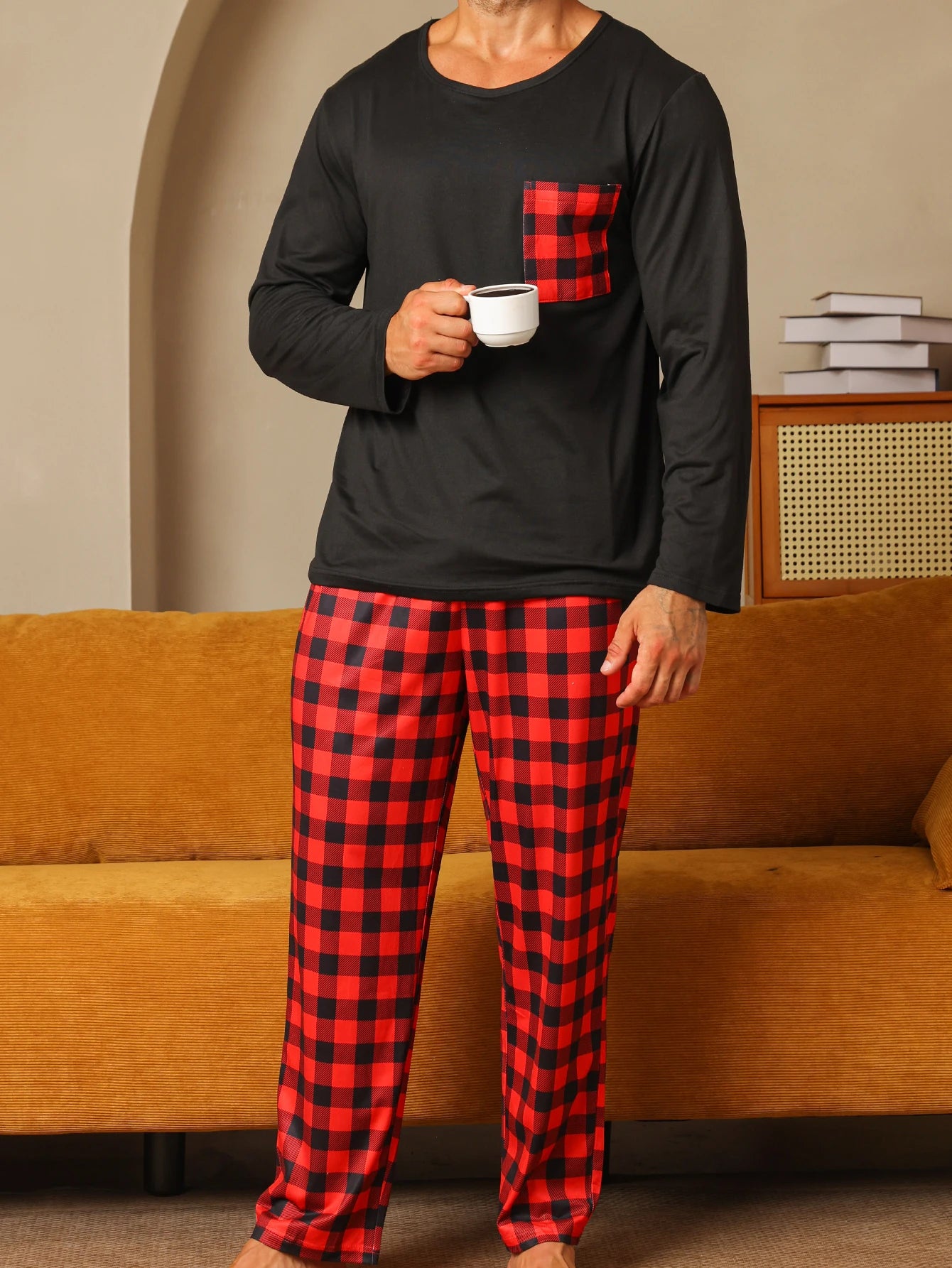 Two piece sets men's pajamas autumn and winter long sleeved pants checkered sleepwear set