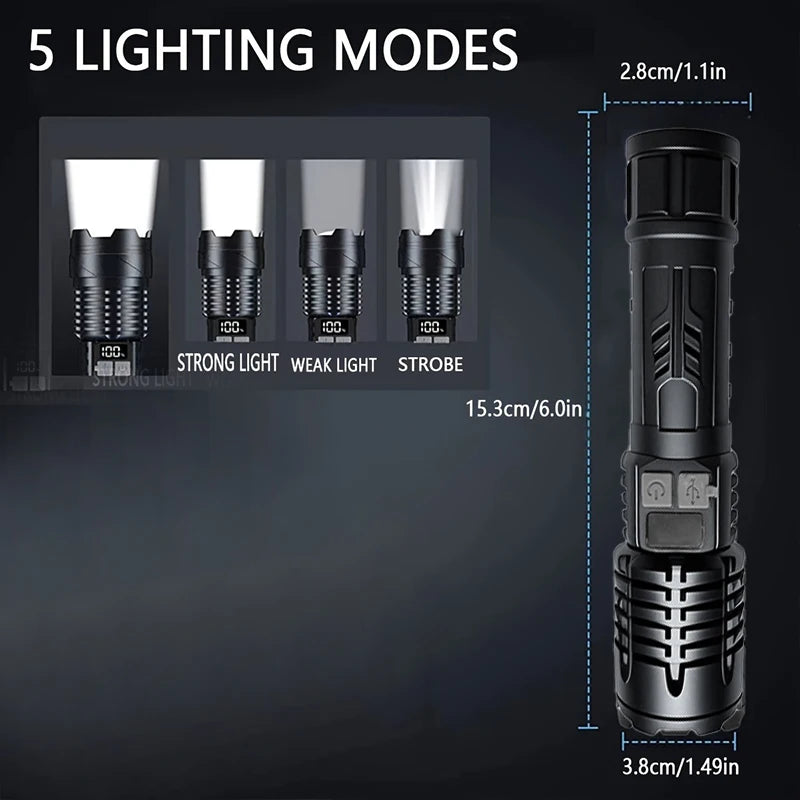 High Lumen Waterproof Tactical Flashlight - 5 Modes, Rechargeable, High Brightness, Durable ABS for Outdoor, Camping, Emergency