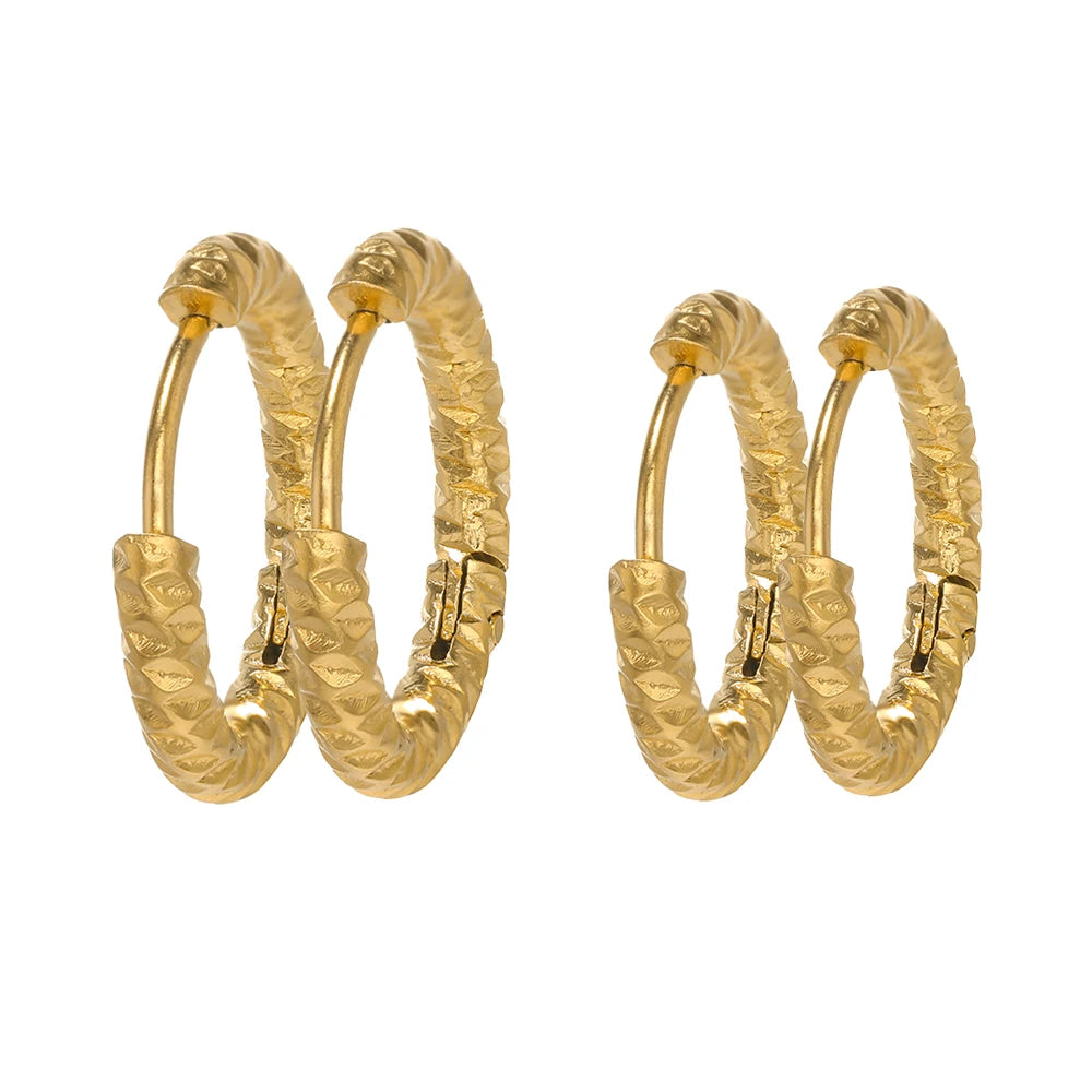 6pcs Stainless Steel Round Embossing Ear Rings PVD Gold Plated Korean Earrings Hoops Earring for Women Female Girls Metal Luxury