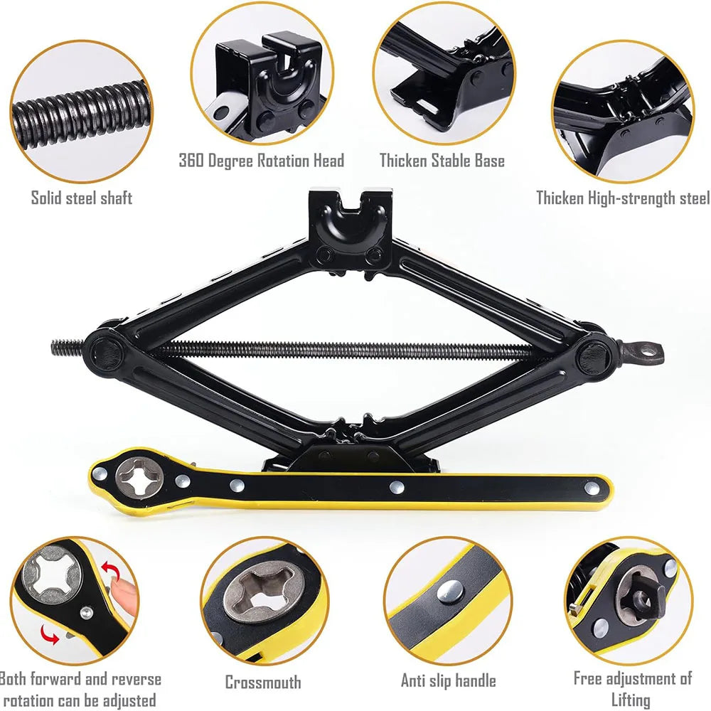 2T/3T Car Scissor Jack Auto Emergency Crank Lift Stand Labor-Saving Repair & Tire Replacement Tool with Wrench for SUV Vehicles
