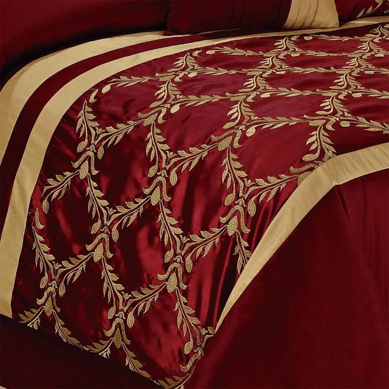7 Piece Comforter Set King - Burgundy and Gold Faux Silk Fabric Embroidered - Claremont Bed in A Bag - Breathable and Wrinkle