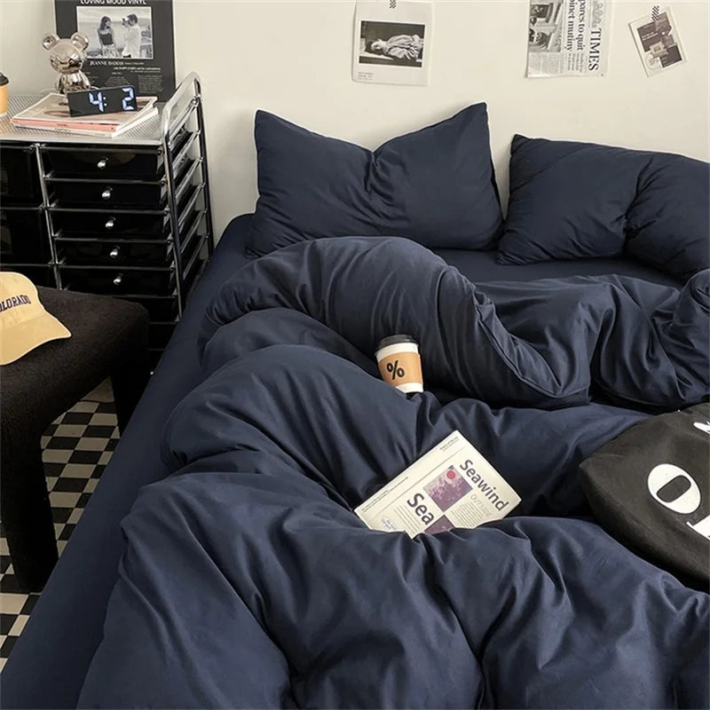 100% Cotton Bed Linen Bedding Set Washed Cotton Four Pieces Bed Sheet Set Comforter Sets Dolid Double Couple Bed Quilt Cover