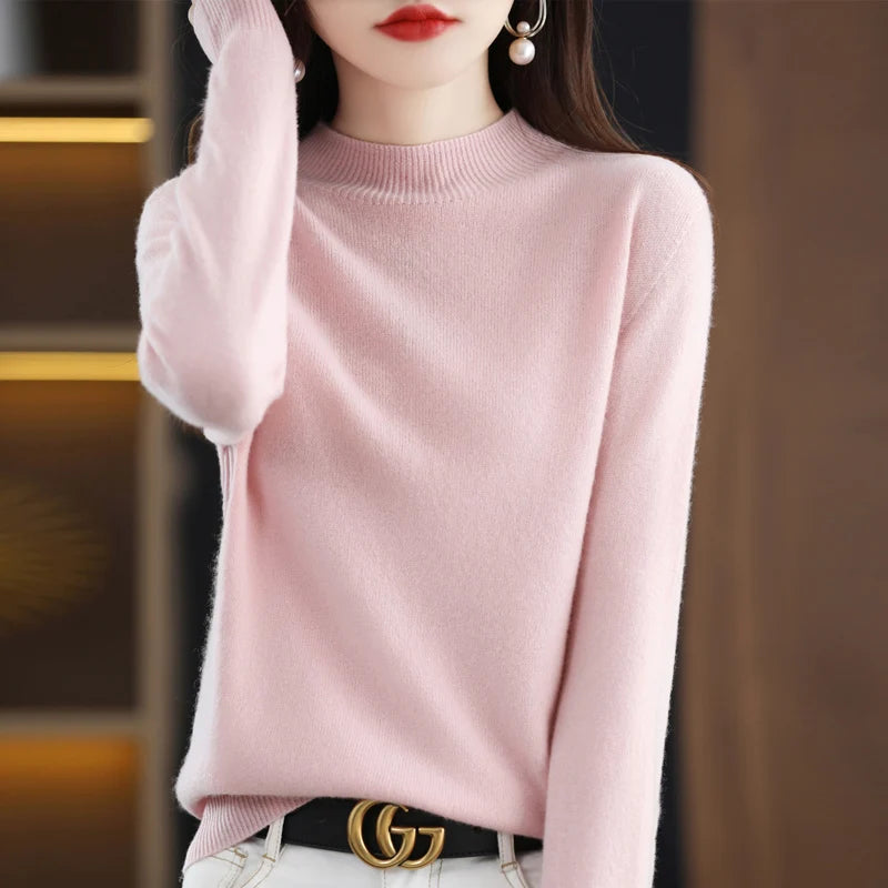 New Fashion Autumn And Winter Pure Wool Sweater Top Women's Semi-Turtleneck Solid Color Long-Sleeved Fashion Pullover Sweater101