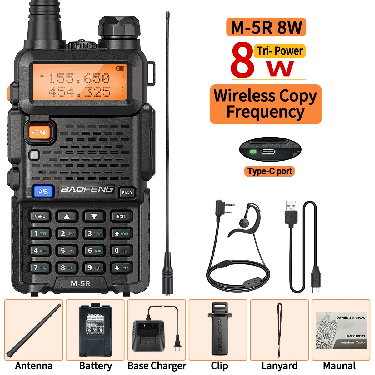 1/2PCS New Baofeng M-5R 8W Walkie Talkie Multi Band Type-C Wireless Copy Frequency AM Long Range For UV-5R Two Way Ham Radio