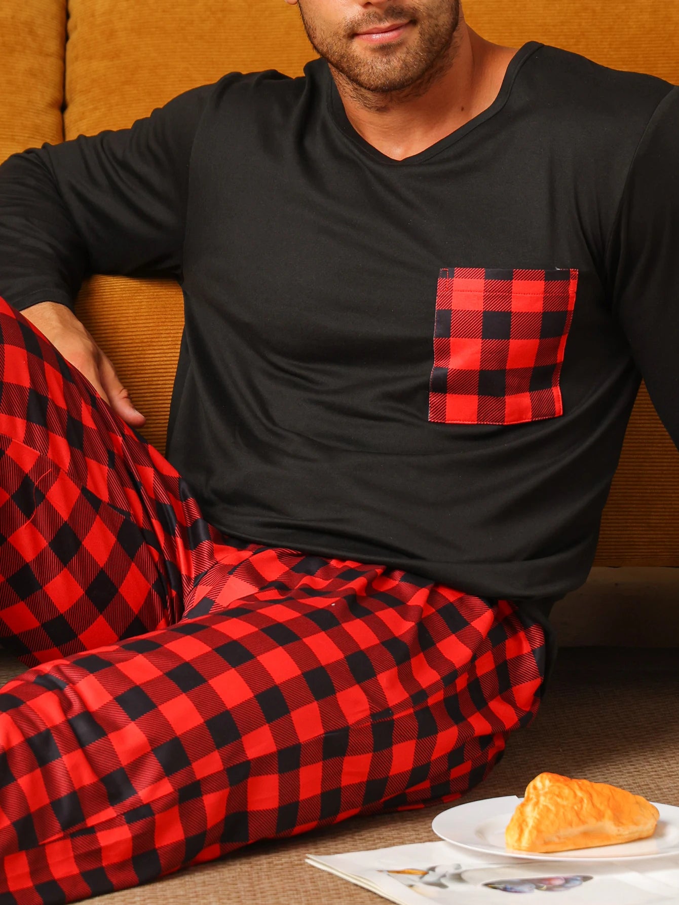 Two piece sets men's pajamas autumn and winter long sleeved pants checkered sleepwear set