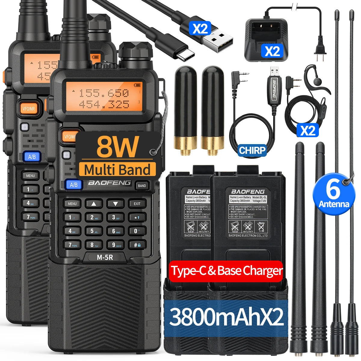 2X BAOFENG M-5R 8W Walkie Talkie 3800mAh Battery Multi Band AM Type-C USB Copy Upgraded UV-5R UV5R Long Range Two Way Ham Radio