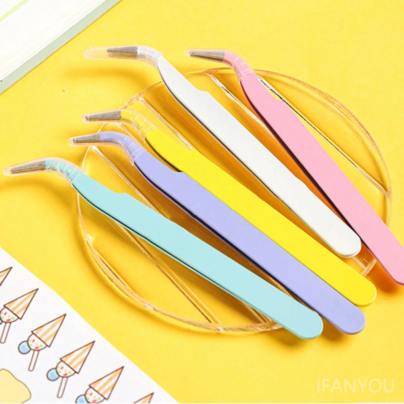 Stainless Steel Straight Curved Tweezers Colorful Pink Blue Purple DIY Eyelash Tweezer Nail Art Sticker Rhinestones Picking Tool