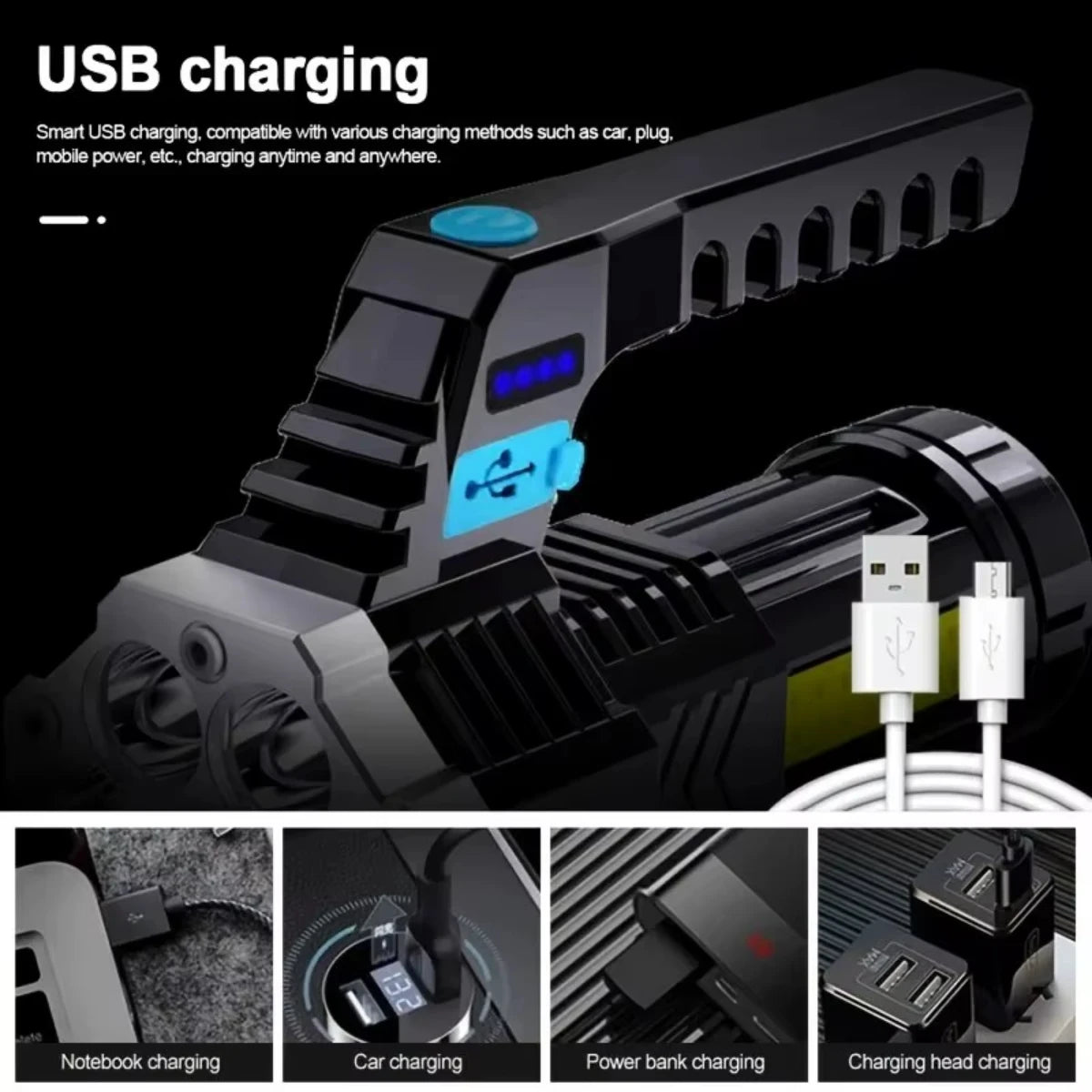 7LED High-Power Flashlight With USB Charging COB Side Light - Suitable For Portable Flashlights Such As Fishing, Camping, Hiking