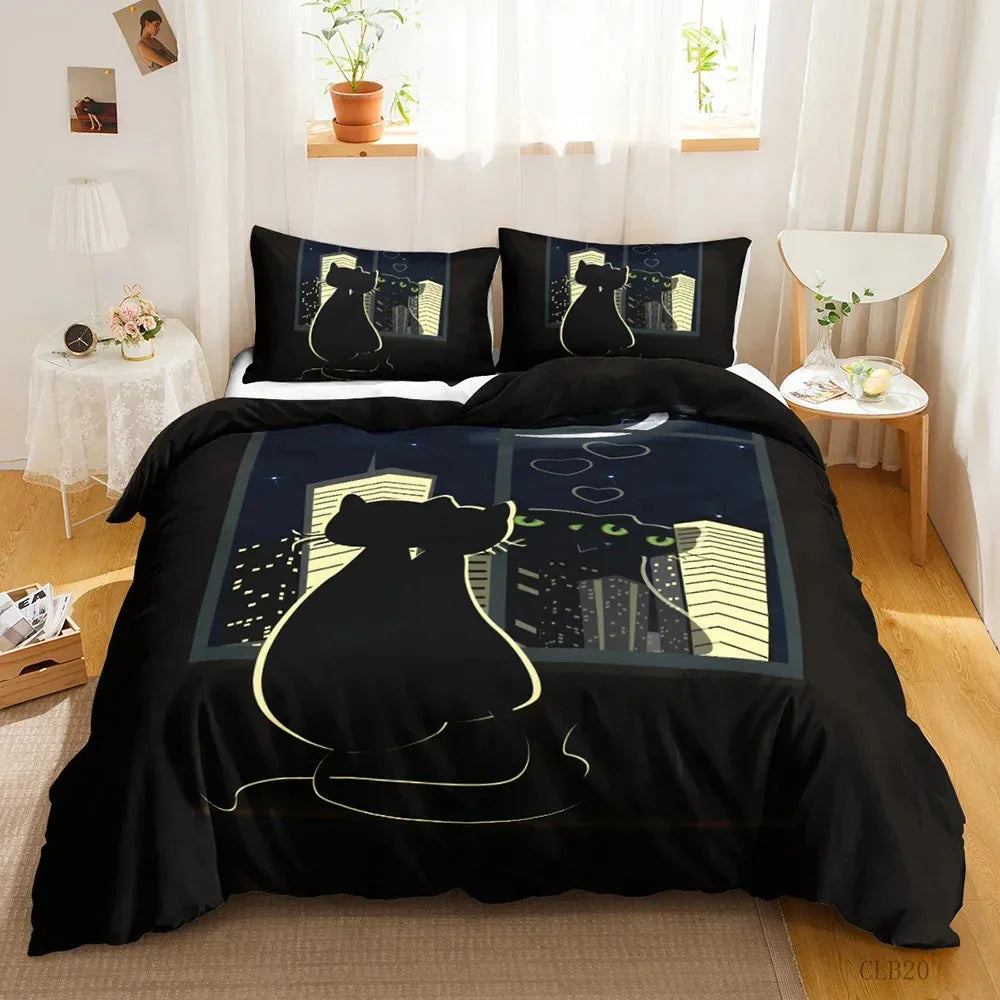 3PCS Single-sided Printed Bedding Set ,Comforter Cartoon Cute Cat Duvet Bedding Cover Pillows Comfortable Bedspreads Bedding Set
