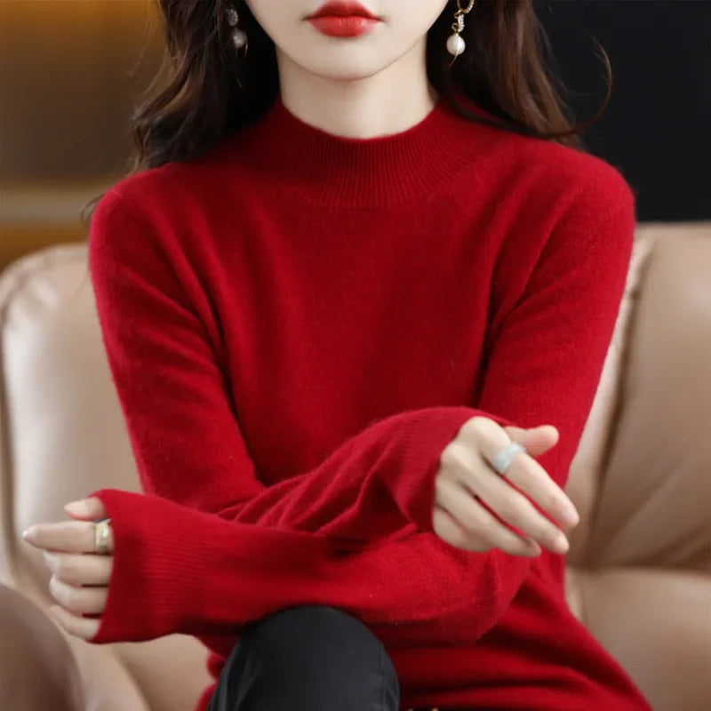Women's Knitwear Autumn Winter Sweater Korean Basic Solid Long Sleeve Pullovers Warm Bottoming Shirts Half High Collar Black Red