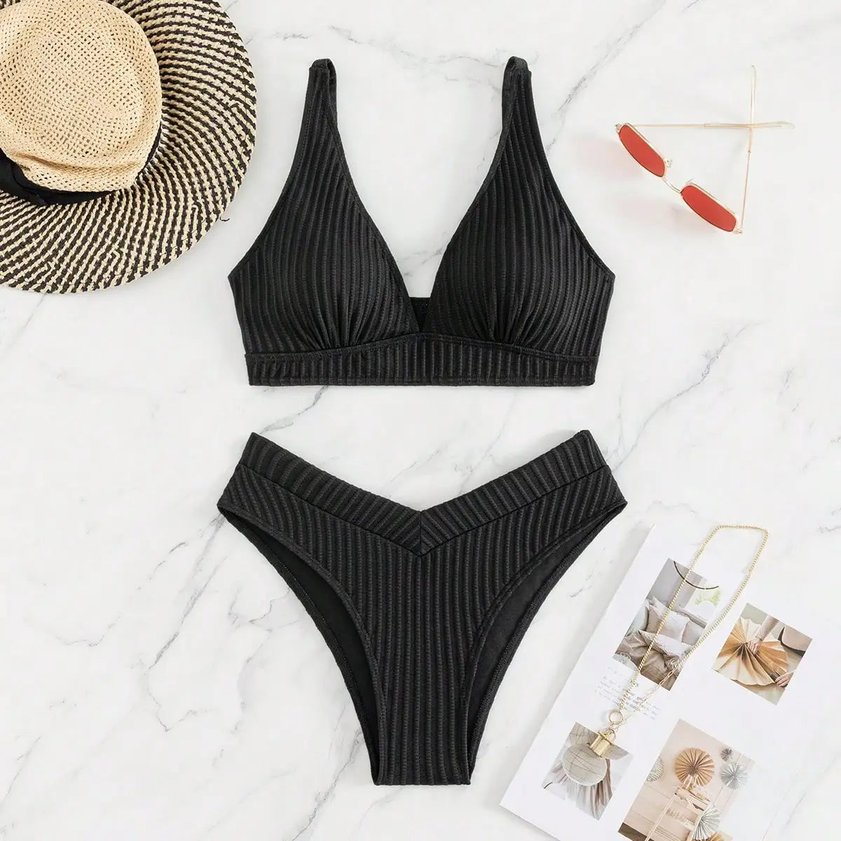 Summer black pure lace-up separate bikini swimsuit set photo check-in