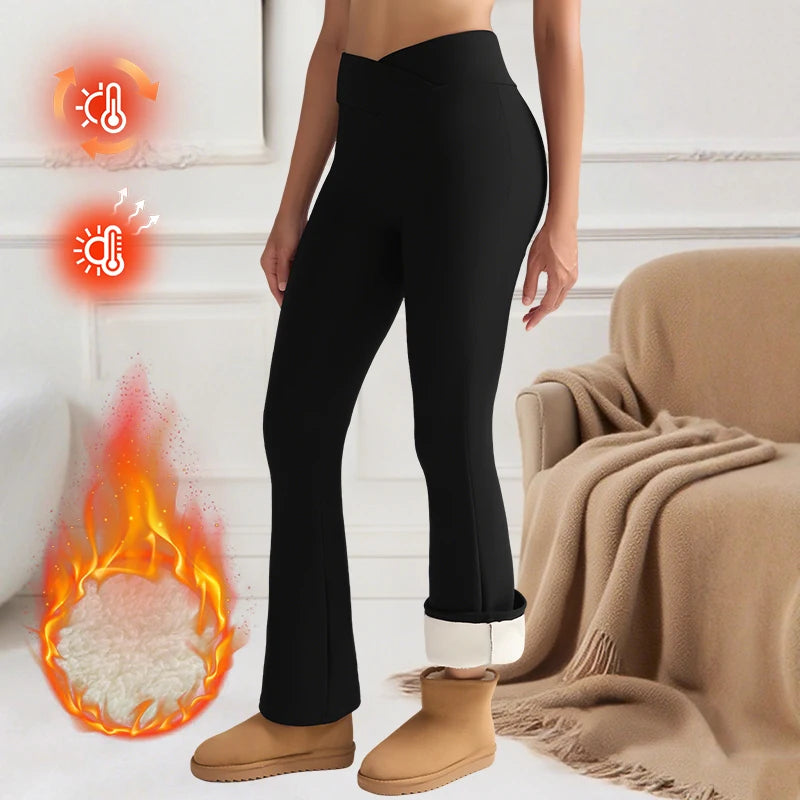 Women's Fleece-Lined Flare Pant Cross-Waist Design Thickened Winter Warm High-Waisted Tummy Control Lifting Leggings Casual Wear