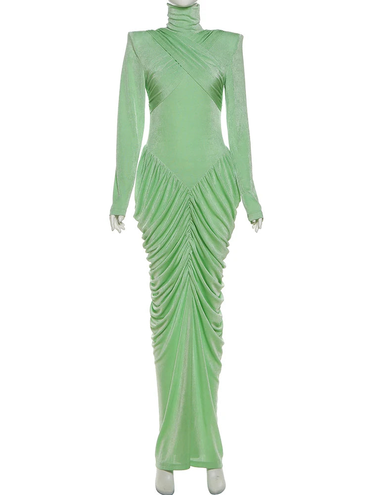 Weird Puss Autumn New Style Maxi Dress Women Turtleneck Full Sleeve Backless Skinny Stretch  Prom Party Ruched Elegant Vestidos