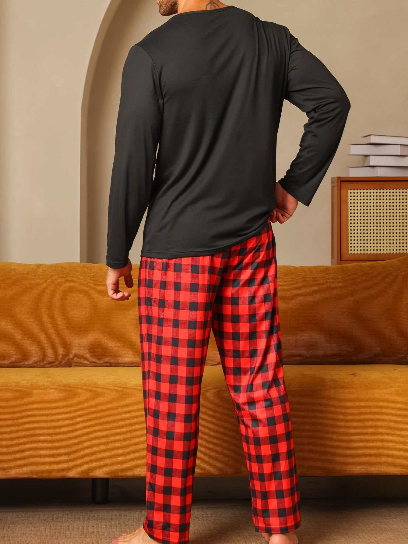 Two piece sets men's pajamas autumn and winter long sleeved pants checkered sleepwear set
