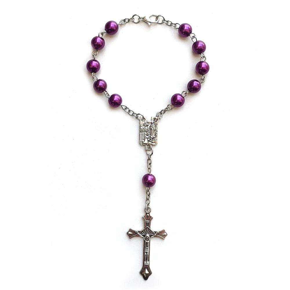 QIGO Purple Plastic Bead Cross Rosary Bracelets Car Pendant Catholic Praying Jewelry Gift