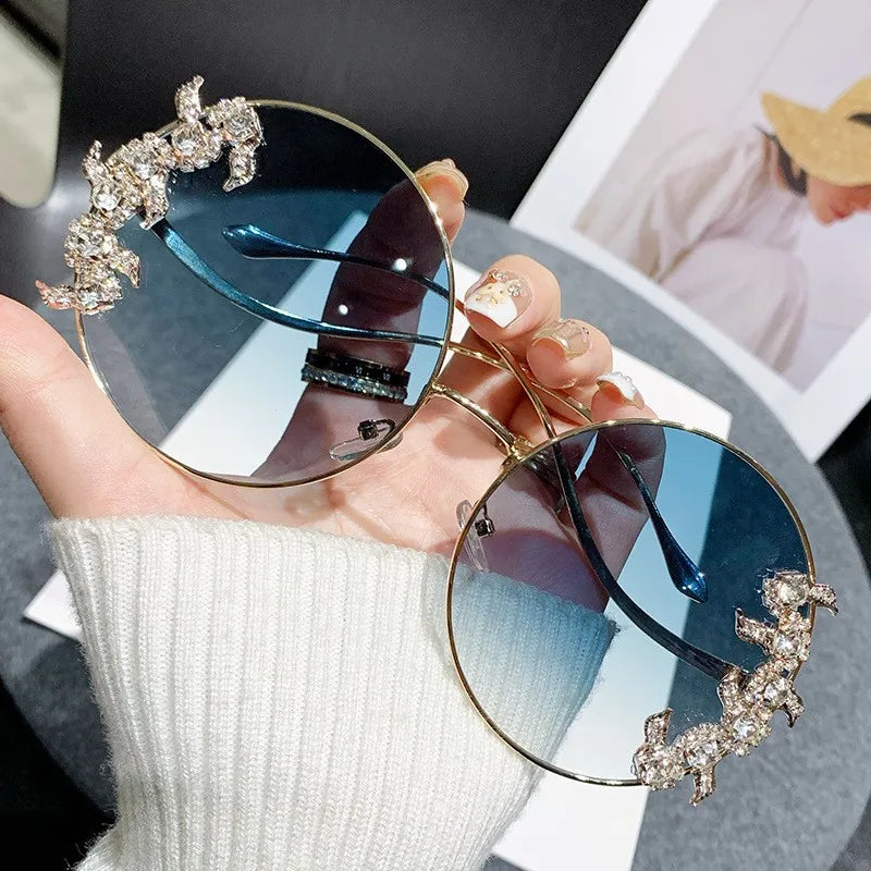 New Style Frameless Cut-edge Diamond Sunglasses With Wave Design, Temple Glasses, Fashionable Round Rhinestone Sunglasses