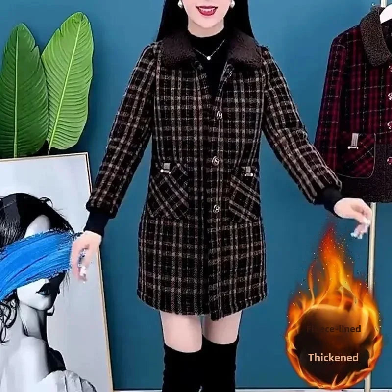 Elegant Thickened Fleece-lined Medium-length Autumn/winter Jacket For Women Fashionable Slimming High-end Mother's Attire