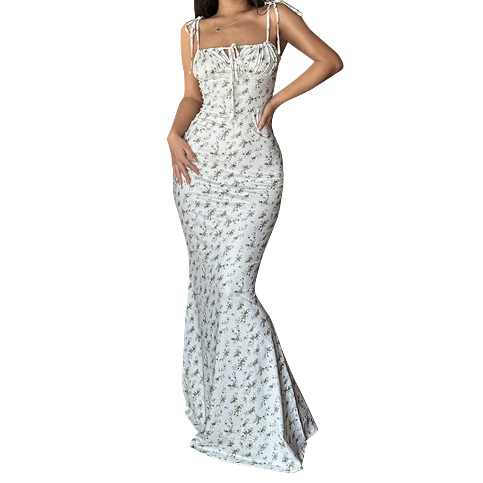 Elegant Floral Print Spaghetti Strap Dress with Drawstring Waist and  Fit Design Ideal for Summer and Spring Events