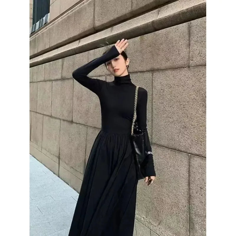 New French Style Temperament Women's High-Grade Black Dress Hepburn Style Gray Turtleneck Dress for Women Autumn Winter DF4964