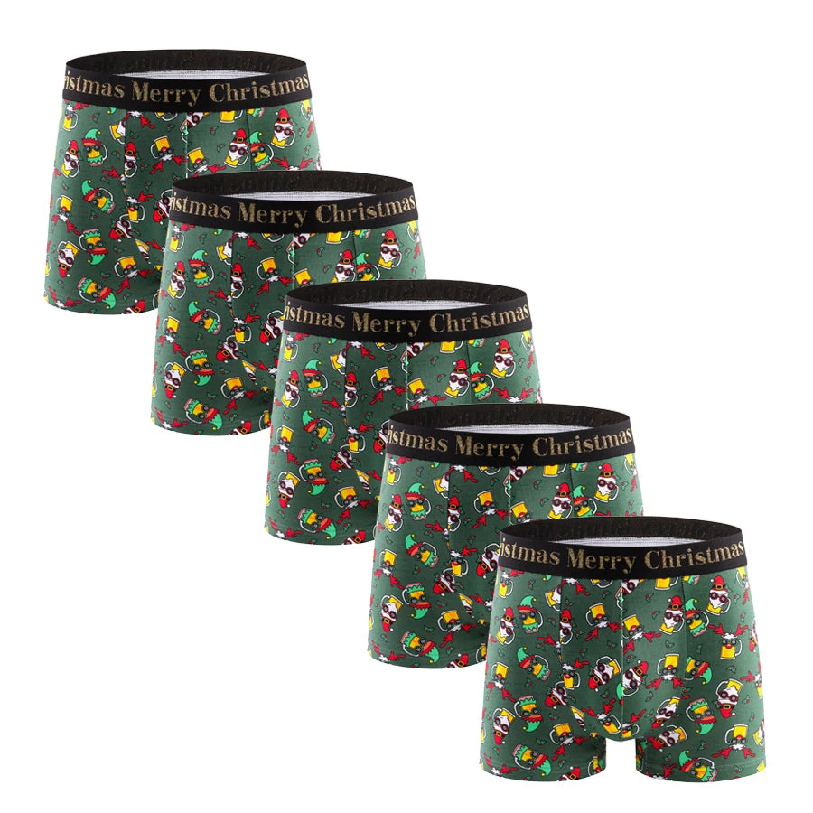 5pcs Christmas Print Men's Underpants Shorts Letter Waistband Boxer Briefs Brand Men Panties Cotton Underwear Man Boxers Trunks