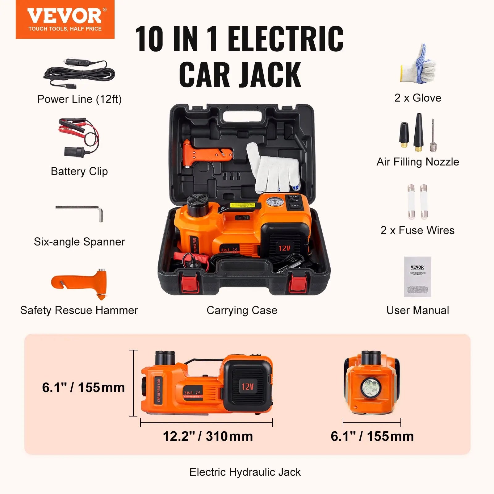 VEVOR Electric Car Jack, 5 Ton/11023 LBS Hydraulic Jack Lift with Electric Impact Wrench, Built-in Inflatable Pump
